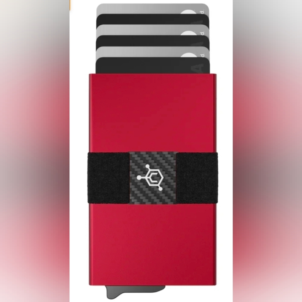 Slim Red Minimalist RFID Wallet with Elastic Band With Modular Extender Plate